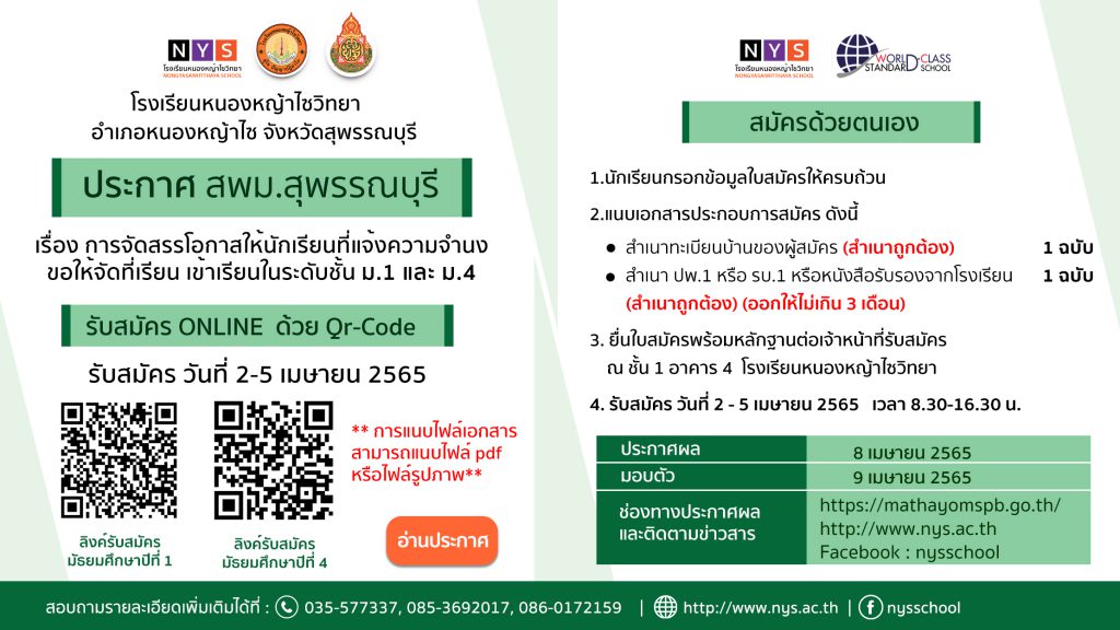 ประกาศเรื่อง การสมัครแสดงความจำนงขอให้ สพม.สุพรรณบุรี  พิจารณาที่เรียน ปีการศึกษา 2565