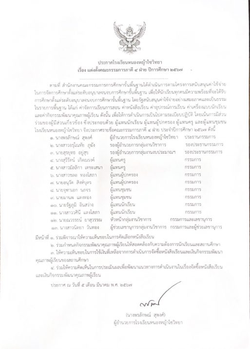ประกาศโรงเรียนหนองหญ้าไซวิทยา เรื่อง แต่งตั้งคณะกรรมการภาคี 4 ฝ่าย ปีการศึกษา 2567