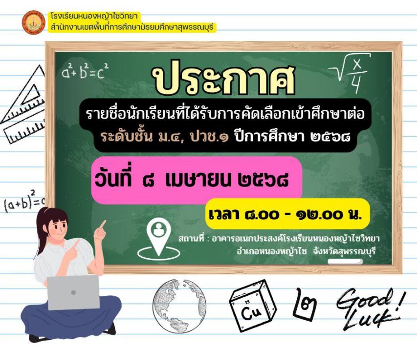 ประกาศ “รายชื่อนักเรียนที่ได้รับการคัดเลือกเข้าศึกษาต่อ ระดับมัธยมศึกษาปีที่  4  และระดับประกาศนียบัตรวิชาชีพชั้นปีที่ 1 ปีการศึกษา 2568