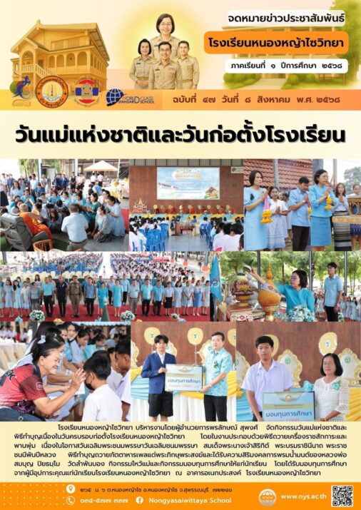 โรงเรียนหนองหญ้าไซวิทยาจัดกิจกรรมวันแม่แห่งชาติและพิธีทำบุญเนื่องในวันครบรอบก่อตั้งโรงเรียนหนองหญ้าไซวิทยา